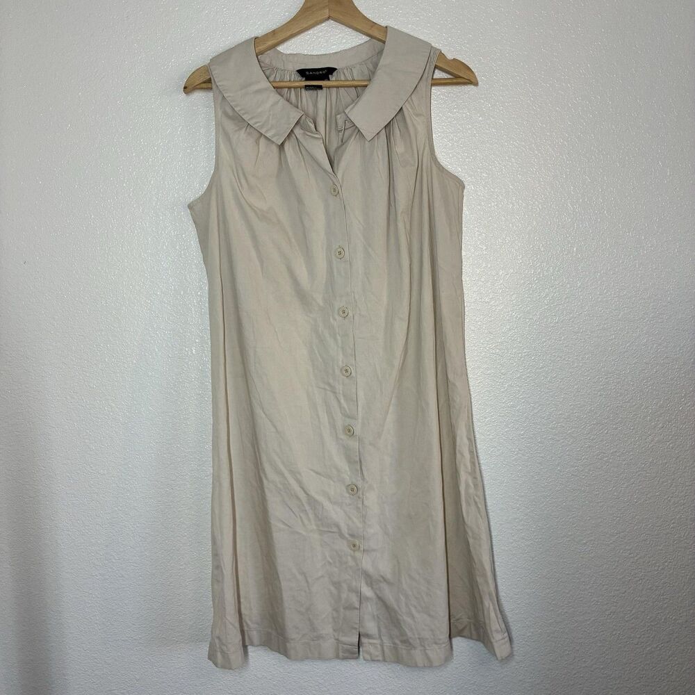 Sandro Shirt Dress Womens 10 Beige Sleeveless Collared Button Front Cotton